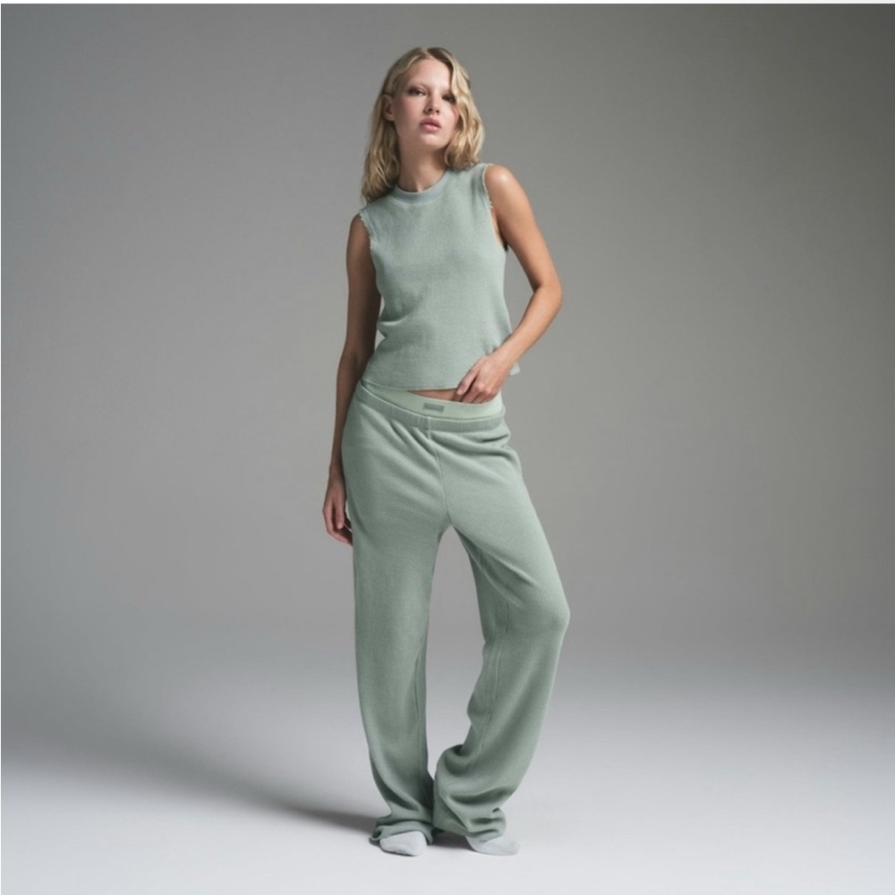 SKIMS Sage Green Knit Lounge Set: comes with pants, boy shirts, & tank